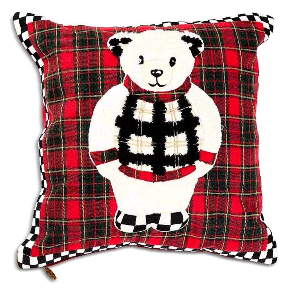 Mackenzie Childs Cozy Bear Throw Pillow 18x18 Christmas Plaid NEW